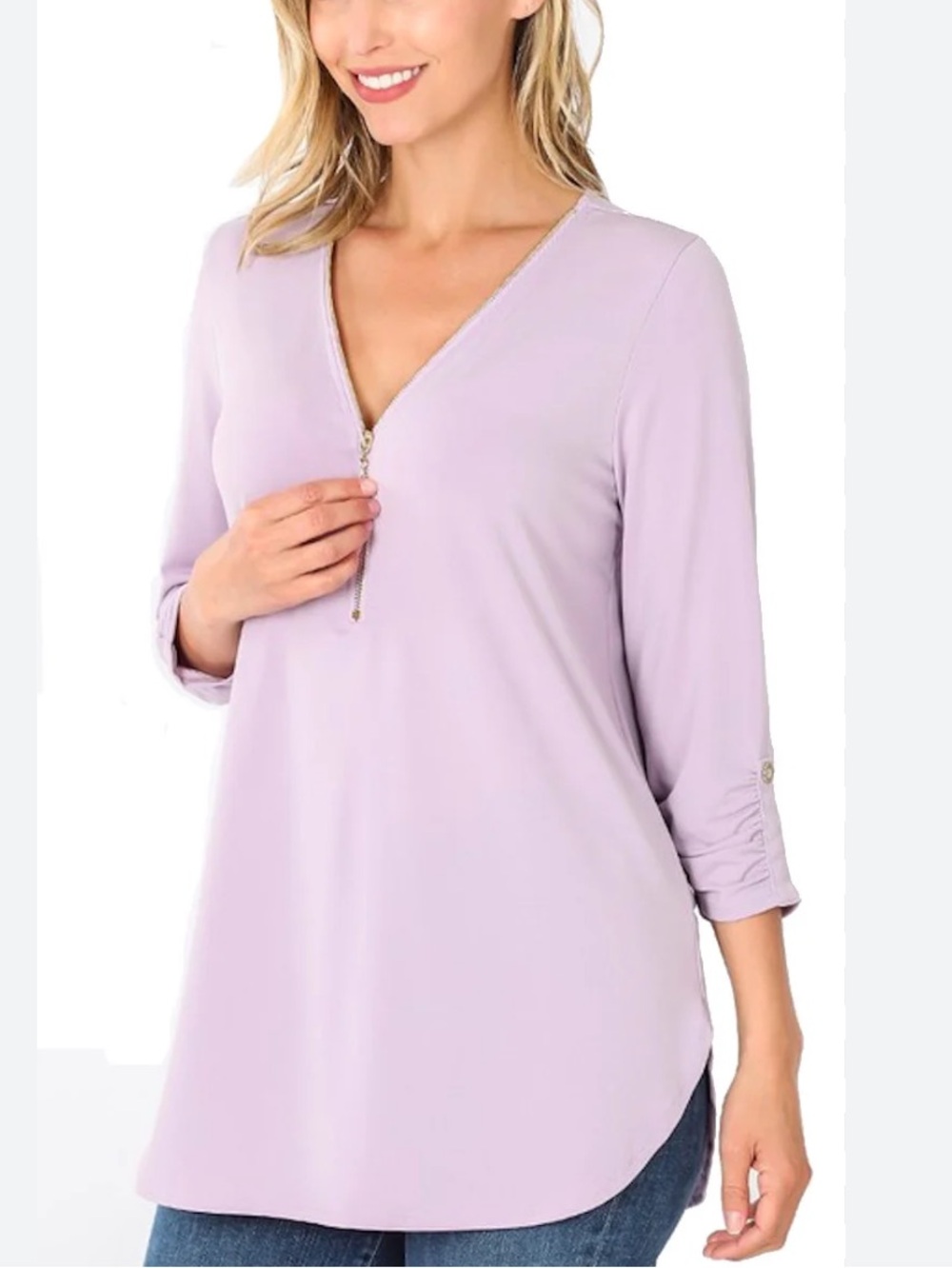 ZENANA OUTFITTERS Light Purplec Zip-Front V-Neck Tunic Blouse M NWOT
